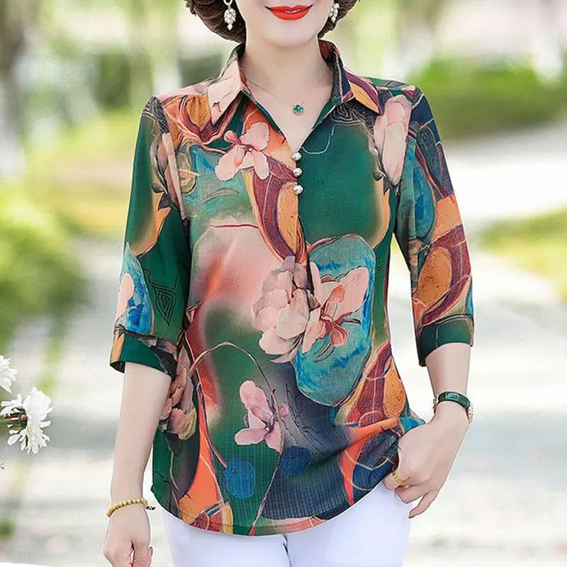 Vintage Floral Print Turn-Down Collar Loose